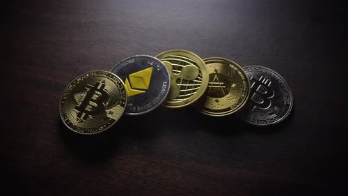 Assorted Cryptocurrency Coins Lined Up Close Up Shot