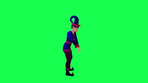 3D cartoon clown elf dancing robot hip hop left angle on green screen