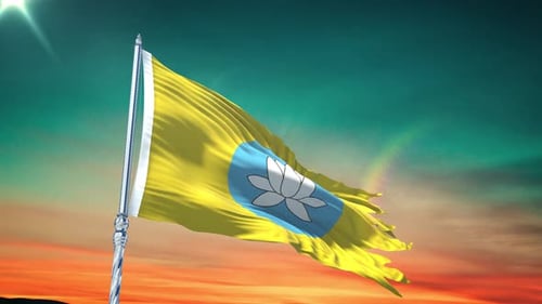 Symbolic Lotus Flag Waving Against Vibrant Sunset Sky