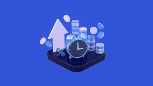 Financial Growth Animation with Money, Clock, Arrow, and Percent Symbol.