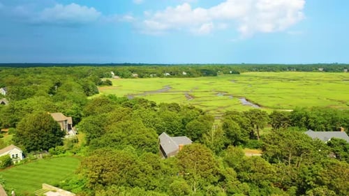 Panoramic Drone View of Tidal Marshland and Waterways