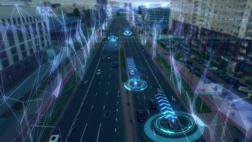 Futuristisches Konzept des fahrerlosen intelligenten Transports. KI-gesteuerte selbstfahrende Autos
.