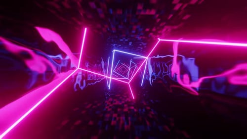 Reflective walls in a tunnel with neon cubes. Looped animation