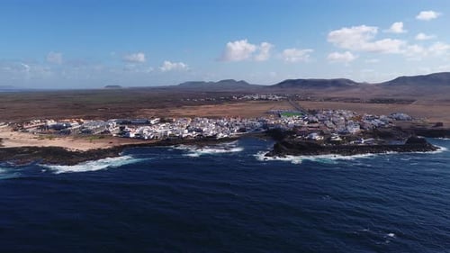 Aerial Coastal Village on Volcanic Cliffs in Fuerteventura Canary Islands