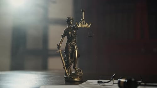 POV Statue of Justice Stands on Courtroom Desk Under Dramatic Lighting Symbolizing Law Fairness