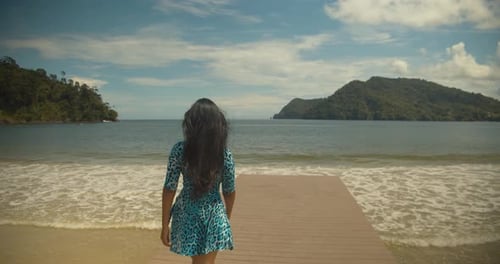 Woman Strolling on Tropical Beach Pier