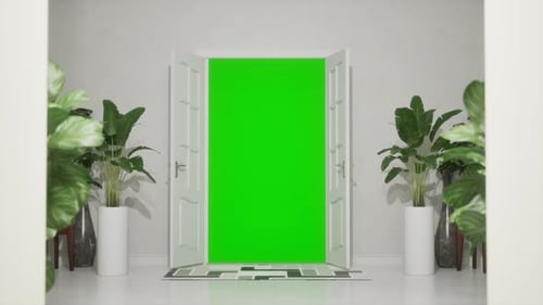 Door Opening Animation In A Light White Room, Green Screen Chroma Key