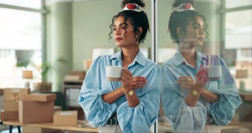 Woman, boxes and thinking with coffee on break for shipping distribution