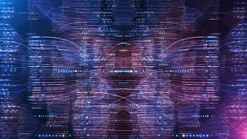 Glühende, fließende Lichtspuren, Partikel, energetisches, digitales Wellenmuster, Futuristische Bilder, Wissenschaft