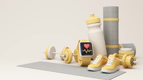 Modern 3D Fitness Items Animation with Smartwatch Heart Rate
