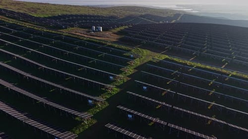 Large solar panel field captures sunlight for energy production