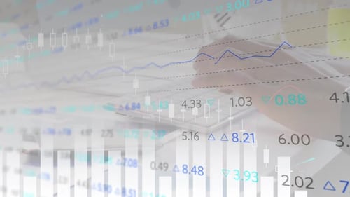 Animation of financial data processing over woman typing on computer