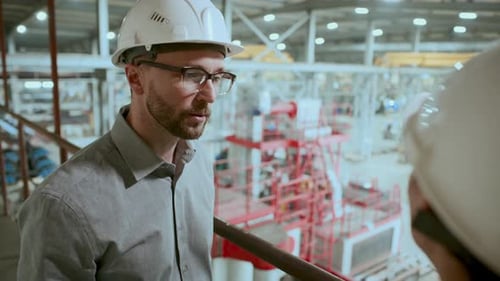 Factory Supervisor Discussing Manufacturing Process with Female Worker