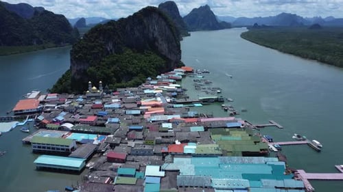 The picturesque floating village of Panyee Island (Ko Panyi) in Thailand. Aerial