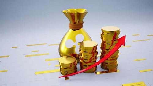 Golden Money Bag With A Ripple Symbol And Increasing Coins Including Red Upward Arrow