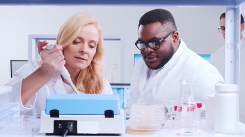 Medical Researchers Collaborating in Bright Modern Laboratory