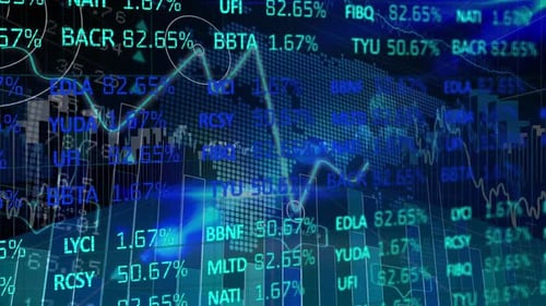 Digital composite video of stock market data processing against world map on blue background