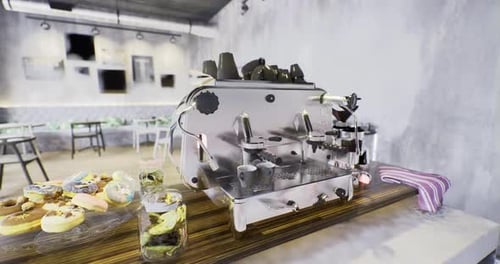 Elegant Coffee Machine Showcasing Delicious Pastries in a Modern Cafe