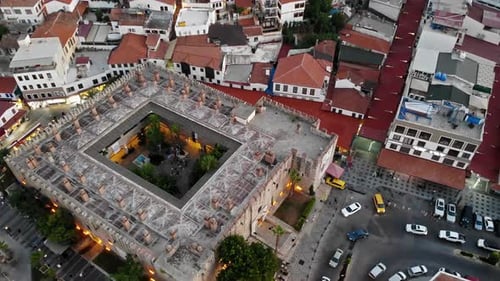 Drone view of Kusadasi city center and castle