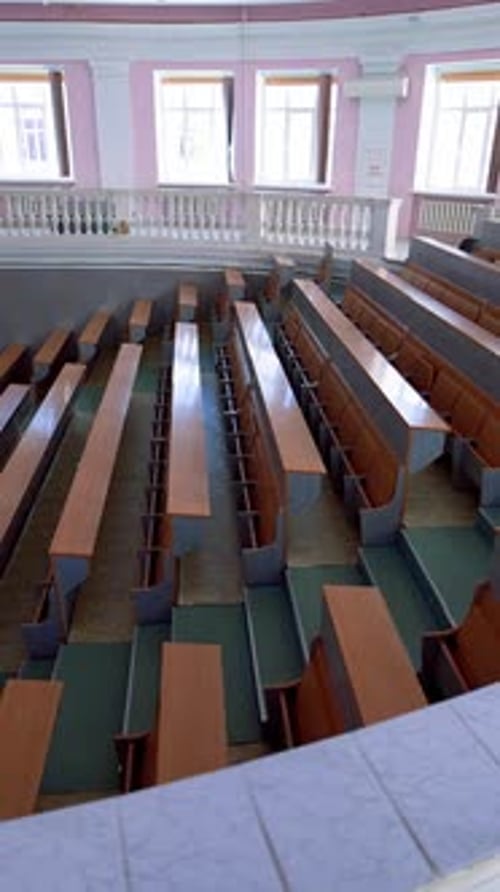 Lecture hall in the university. Panoramic view of educational center indoors.