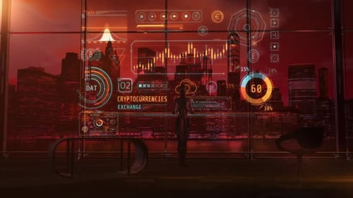 Futuristic Financial Data with a Cityscape at Sunset