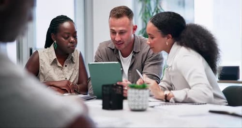 Tablet, planning or business people in meeting, discussion, conversation in workplace or office