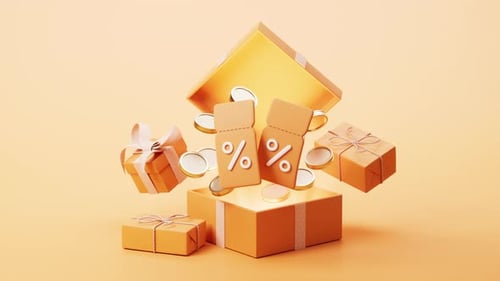 Animated Gift Box Opening With Discount Coupons And Coins