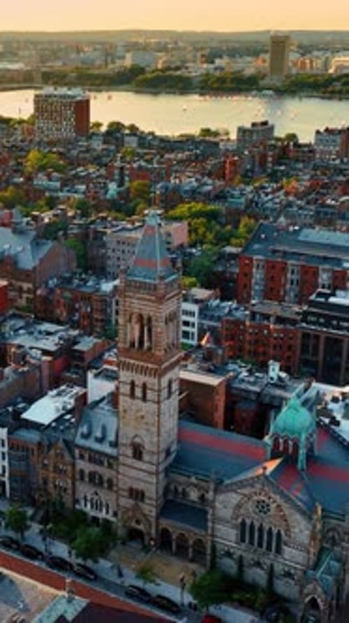 Bright diverse old architecture of Boston downtown at sunset