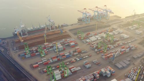 Aerial View of the Cargo Port on a Summer Sunny Evening at Sunset