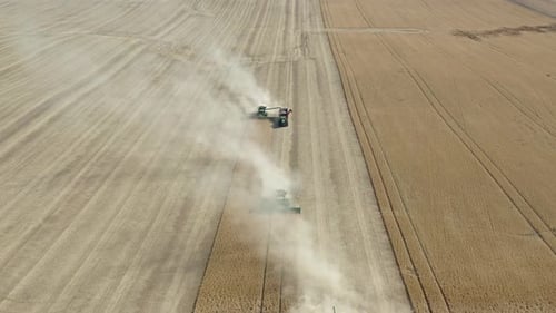 Aerial view, combine harvesters working on a farm field, collecting wheat grains