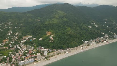 Aerial footage of Georgian Black sea in Sarpi Beach from very high altitude with panoramic view