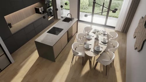 Kitchen-dining room, room in a modern minimalist style. Open space. 3D rendering.