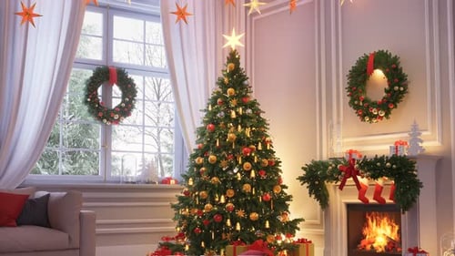 Cozy Christmas Room with Decorated Tree and Fireplace