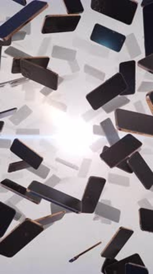 Falling Smartphones Technology Animation with Abstract Light Flare
