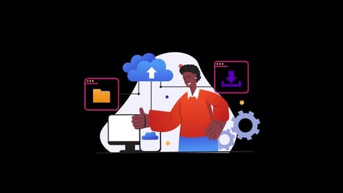 A smiling African man presenting a cloud computing concept.