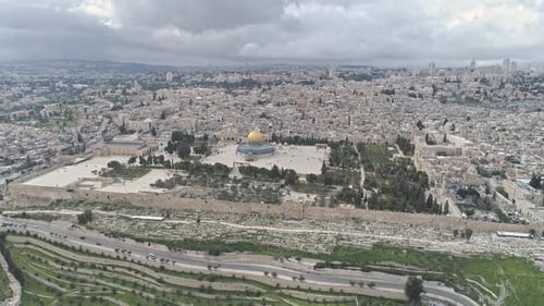 Aerial footage of the Temple Mount in Jerusalem, Israel