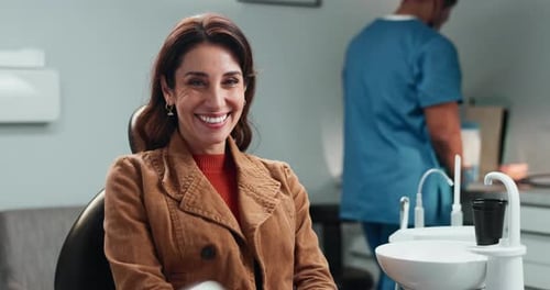 Face, woman and clinic for oral hygiene, dentist and doctor appointment for teeth whitening