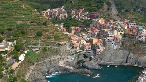 Aerial 4K footage of Manarola, Cinque Terre in Italy.