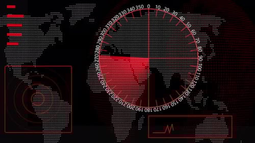 Futuristic Digital World Map Interface with Radar Scan