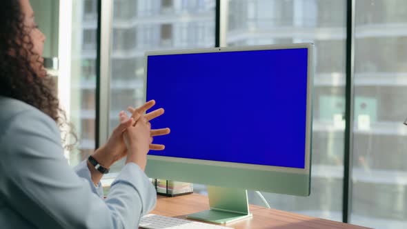 Unknown Employee Talking Blue Screen Monitor Closeup, Technology Stock ...