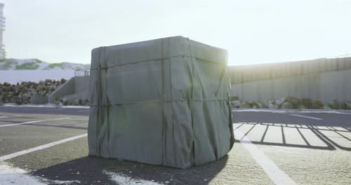 Heavy Wrapped Object on a Parking Lot Illuminated By Sunlight