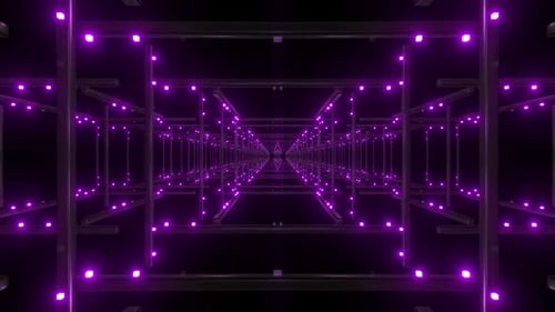 Enter neon tunnel with cool purple lights in the dark space