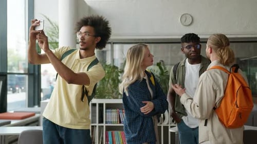 Multiracial Diversity Students Friends Talking in School University College Corridor Influencer Guy