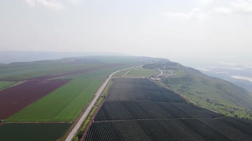 Aerial view of agricultural fields at Israel, Golan Heights, Mevo Hama. Aerial view of agricultural