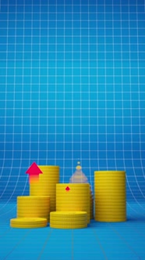 Animated Gold Coin Stacks with Percentage and Upward Arrows