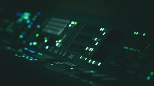 Advanced Sci Fi Laboratory Control Panel with Glowing Lights at Night