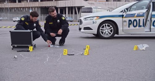 Die Polizei untersucht aktiv die mit Beweismarkierungen und einem Streifenwagen markierte Szene