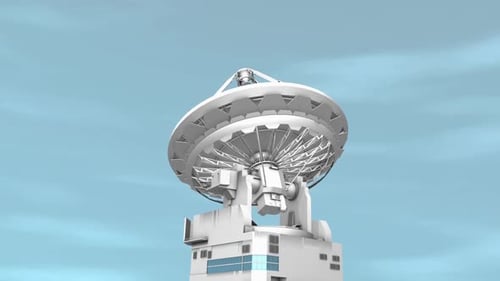 Large Satellite Dish on Building Against Blue Sky