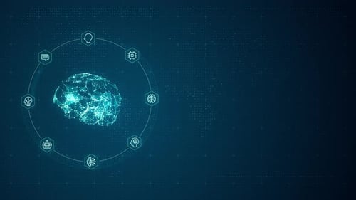 Blue digital brain logo and circle futuristic HUD with Ai chatbot and machine learning technology