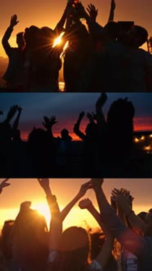 Vibrant Party at Sunset with Dancing Silhouettes